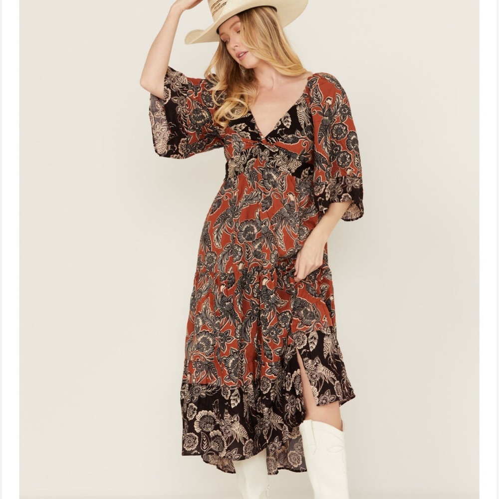 Angie NWT Rayon Midi Dress Button Front Floral Paisley Boho Cottagecore Peasant